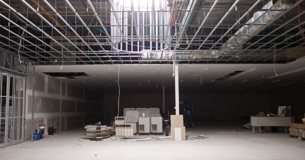 A large office space in the midst of a renovation.